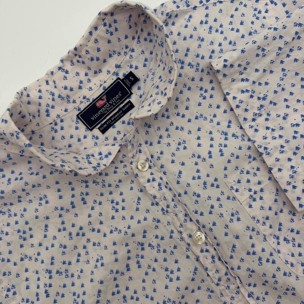 Vineyard Vines Slim Fit Murray Shirt Mens Small White Blue Fish Print Cotton S/S